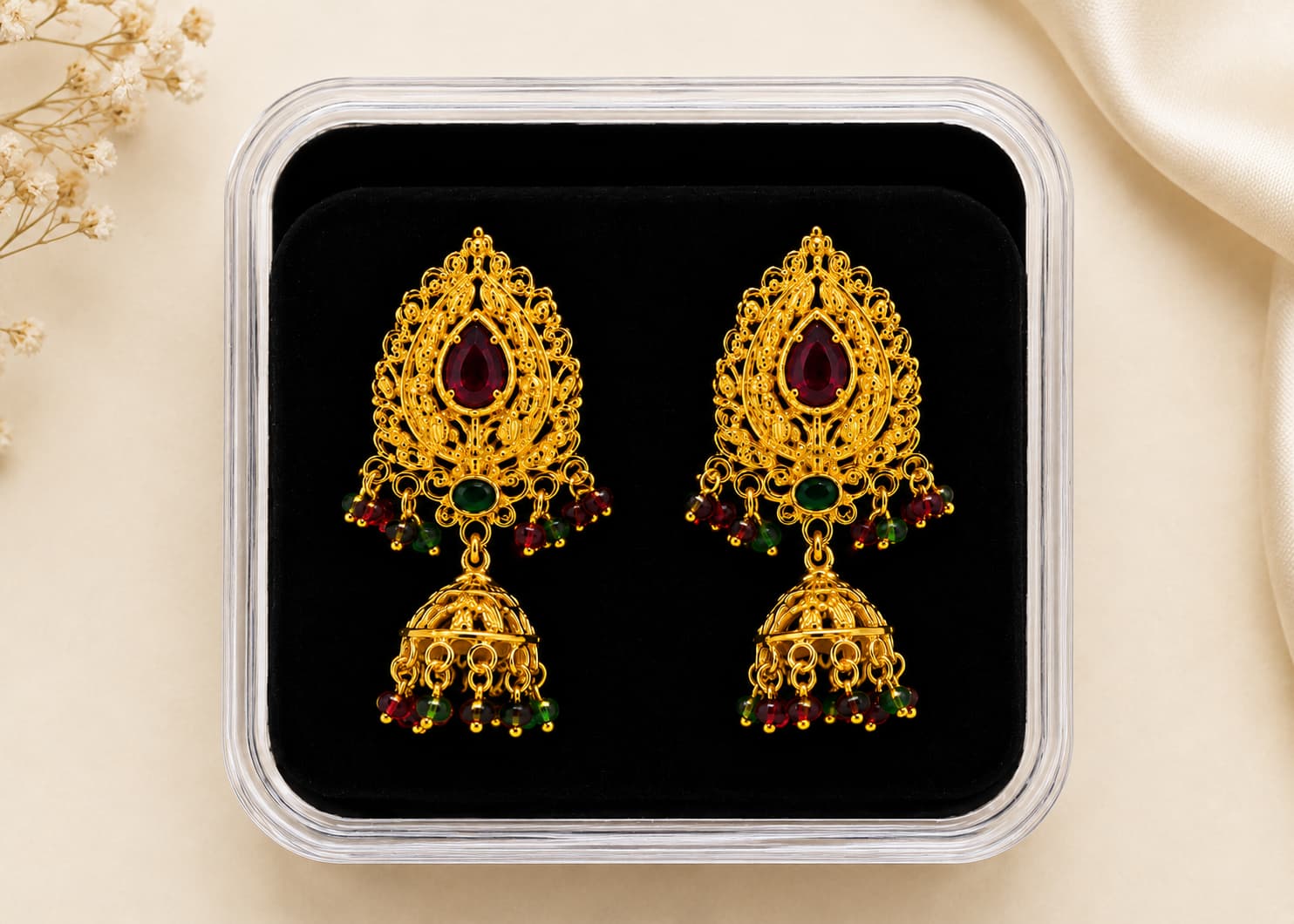 Traditional Gold-Plated Ruby & Emerald Jhumka Earrings